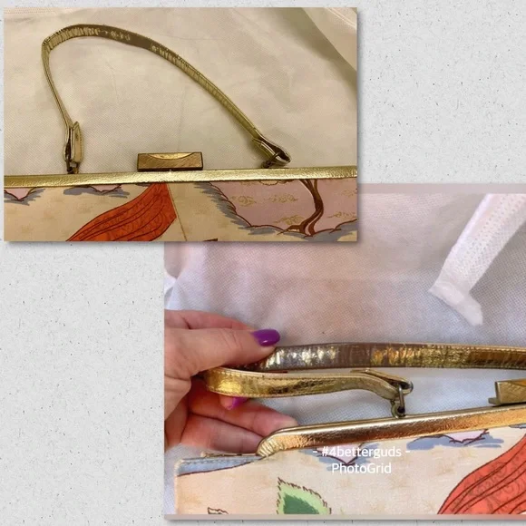 Rosart Vintage Oriental Scene Fabric Rectangle Handbag with Gold Leather Accents - Picture 4 of 16